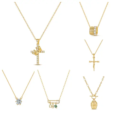 MULA 14K gold-plated 925 sterling silver necklace, hypoallergenic, exquisite stackable jewelry, cute four-leaf brooch, vintage Hamsa's hand, sparkling cubic zirconia crown cross necklace, the perfect gift for girls and women.