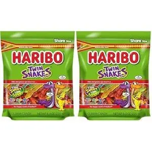 HARIBO Gummi Candy, Twin Snakes Sweet & Sour Gummy Candy, 8.3 Ounce Resealable Share Size Stand Up Bag, Soft & Chewy Snacks, Assorted Fruity Flavors (Pack of 2)