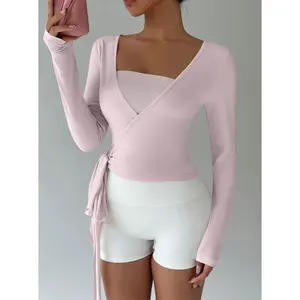 Christin Yoga Fitness Sports Highly Elastic Soft Wrap V-Neck Long Sleeve Cropped Tight Top, Fashion Minimalist Casual Elegant Basic Wardrobe Essential Design For Women