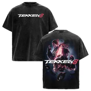 Tekken 8 Vintage Acid Wash Black Graphic Tee – Iconic Fighting Game Streetwear with Front Logo and Bold Back Print, Unisex Oversize Comfort