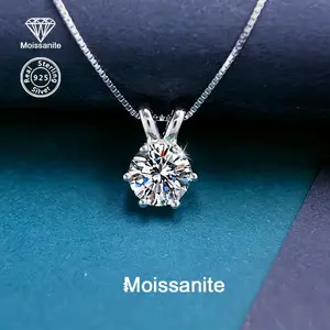 Round Solitaire Pendant Necklace, Sparkling Classic Six Prong Pendant for Women