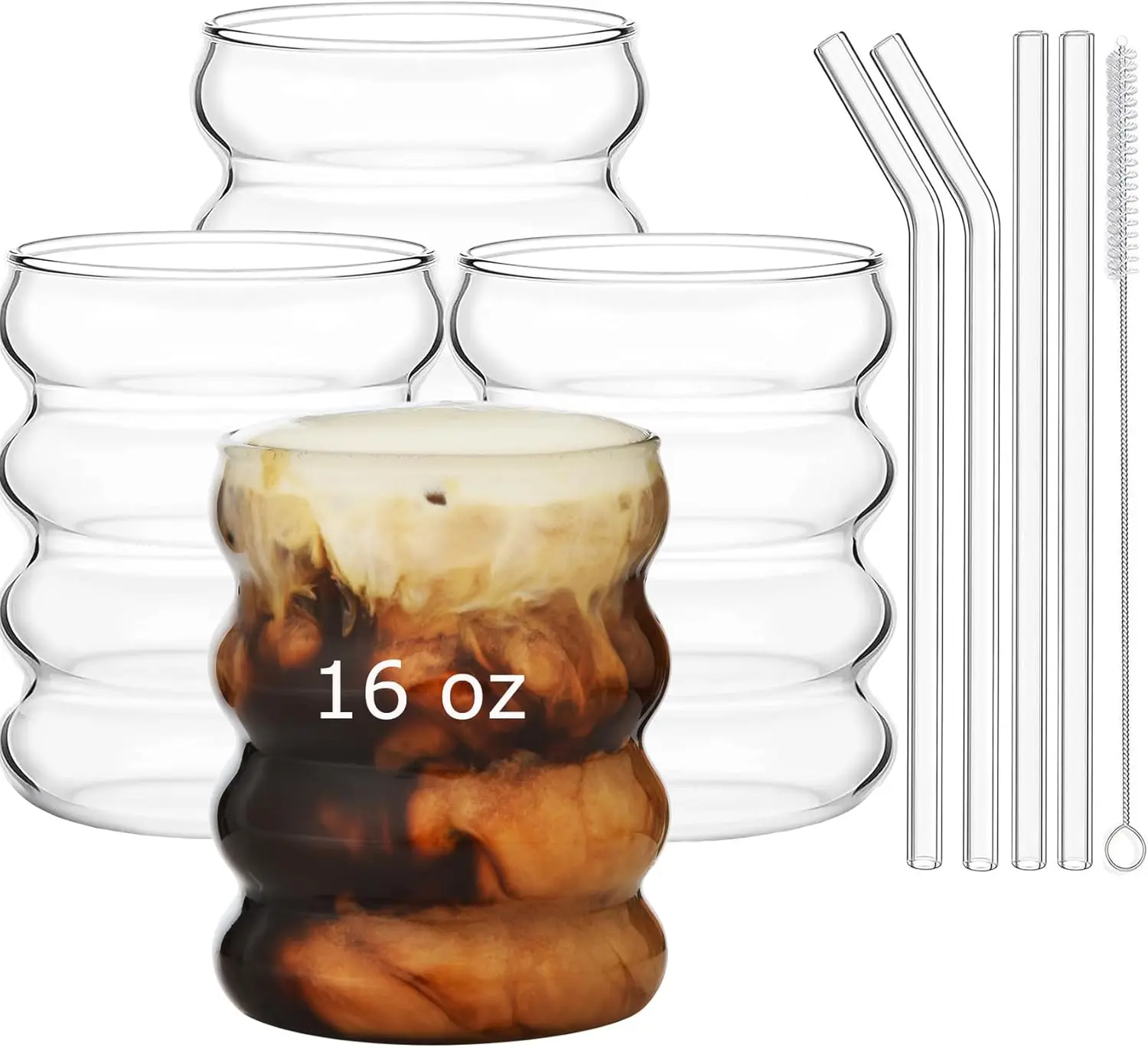 16 oz Bubble Drinking Water Glasses Tumblers- Glass Cups Cute Ripple Shaped  Ribbed Glassware- ,Soda, Juice, Coffee, Milk - Set of 4