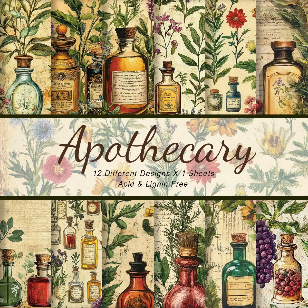 Vintage Apothecary Background Paper Pad, Herbal Pattern Cards, Single-Sided Decorative Craft Paper, Antique Apothecary Diary Set, DIY Card Set, Art Craft Paper