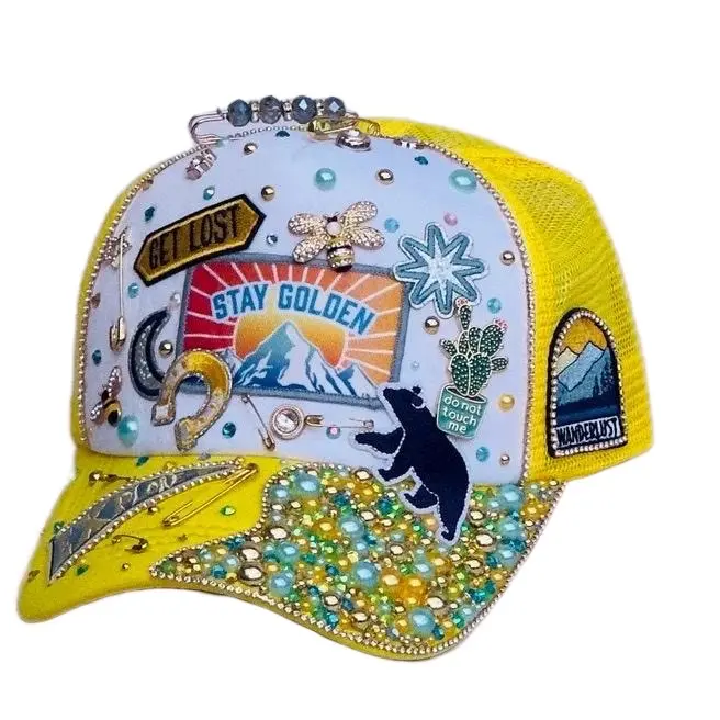 Stay Golden Custom Patch Trucker Hat with Colorful Embellishments Pretty This Girl Can Design for Everyday Street Wear Female