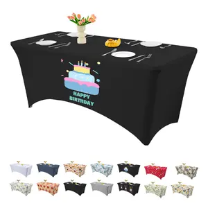6ft Happy Birthday Tablecloth Stretch Spandex Table Cover Party Supplies for Standard Folding Tables Universal Rectangular Fitted Protector for Birthday Baby Shower Party Decor