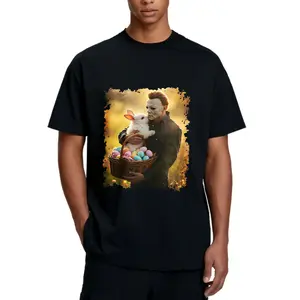 100% cotton Halloween Horror Style Men's T-Shirt Michael Myers With Easter Bunny And Eggs Design For Spring Season Gift For Horror Fans