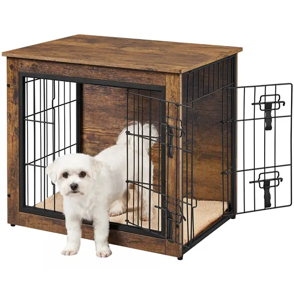 Costoffs 27.5'' W Furniture-Style Puppy Kennel Crate for Small Dogs, Rustic Industrial Wood Frame Kennel with Plush Washable Mat, Double Doors, Durable Metal & Wood Construction, Multi-Use Pet House & Side Table