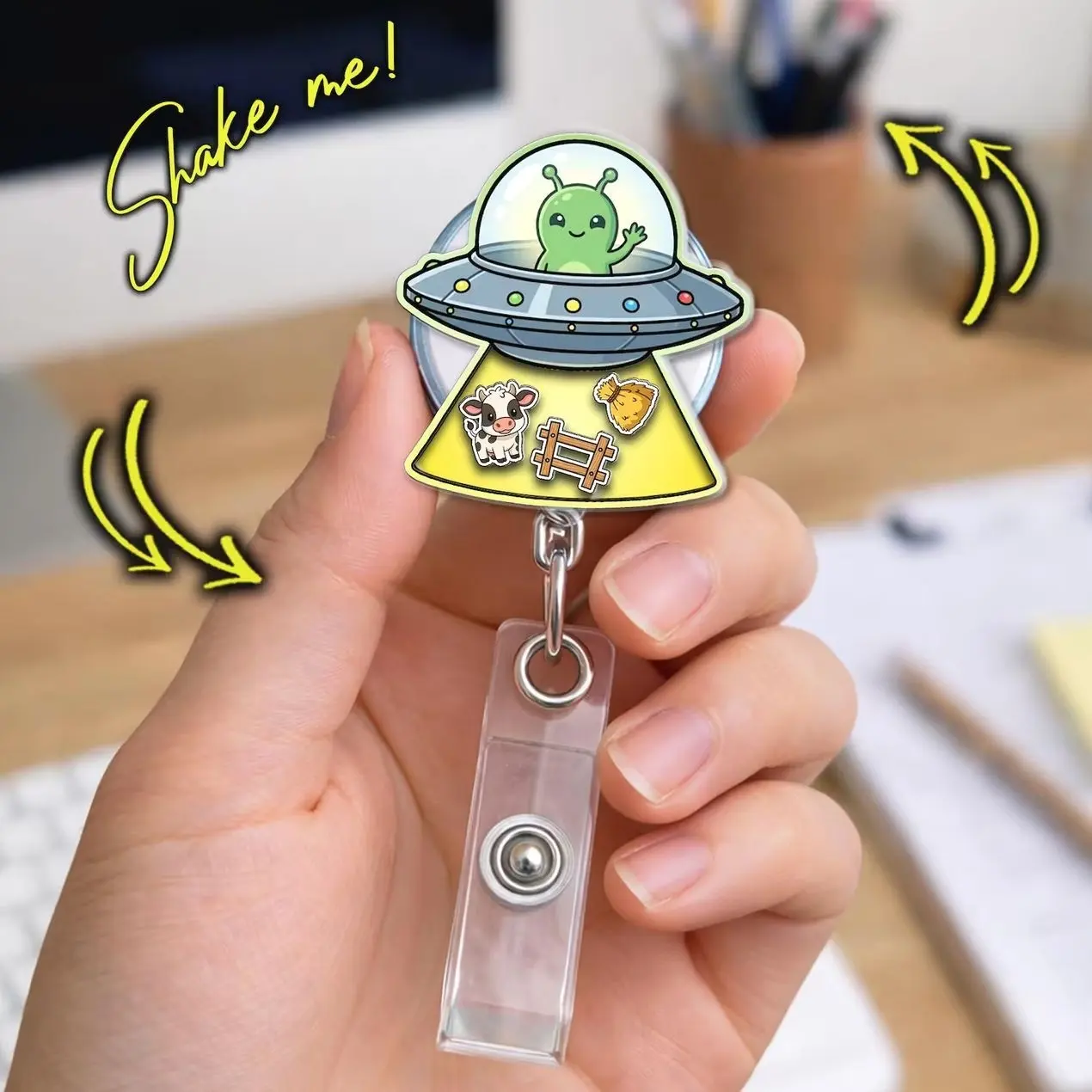 UFO Alien Shaker Badge Reel 2026, Space Cow Retractable ID Holder with Moving Charms XVL