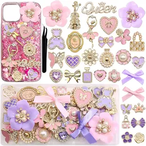 Junk Case Charms Kit Elegant Bow Flower Charm for Junk Cases Pink Purple Heart Butterfly Phone Case Charms 3D Gold Bear for Customizing DIY Craft
