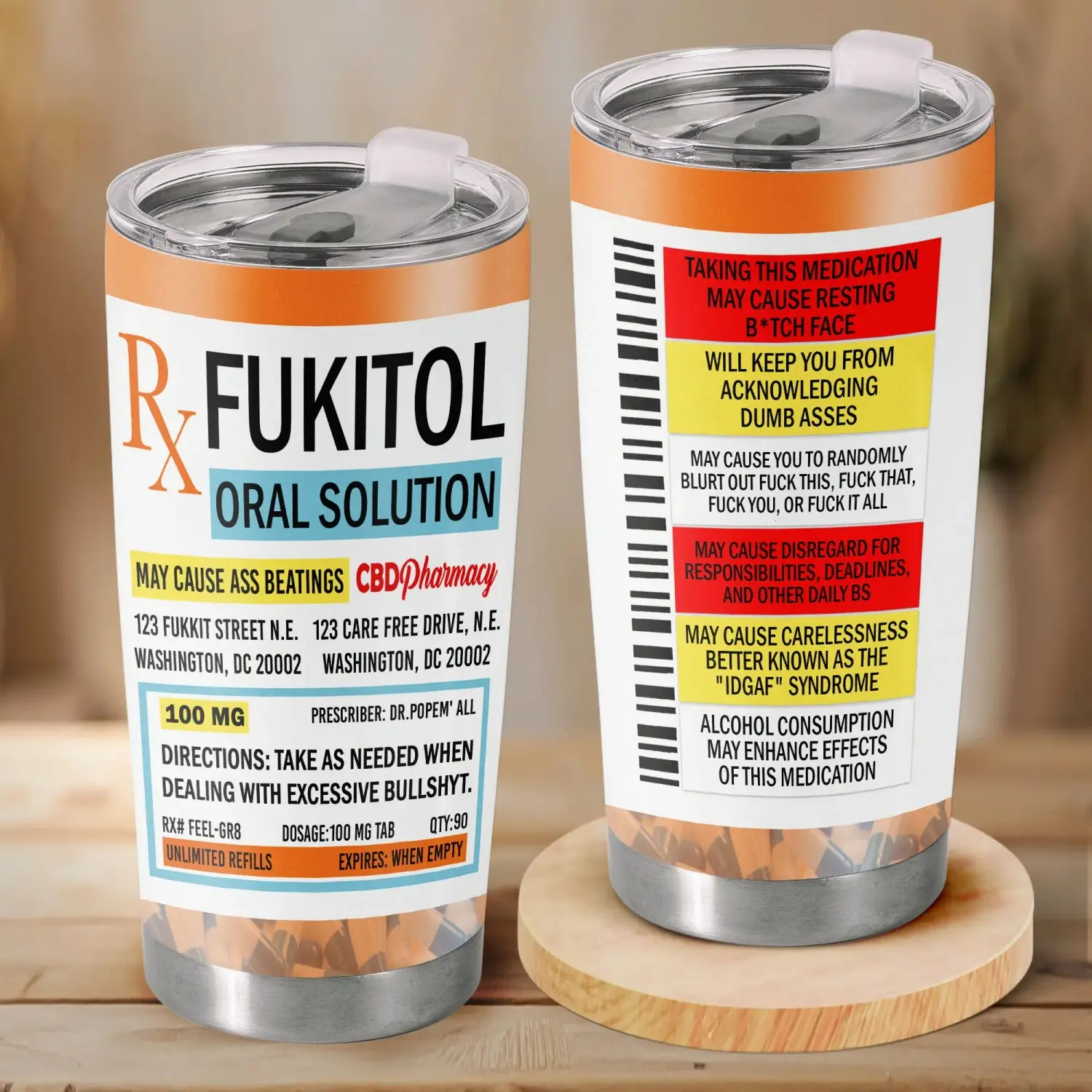 20oz Funny Prescription Vacuum Flask - "Fukitol Oral Solution" Parody Drinkware, Stress Relief Office Humor Gift for Coworkers, Flasks, Drink, Tea