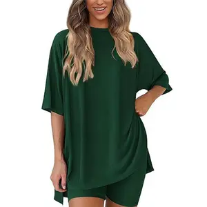 Comfortable and breathable dark green women's two-piece set for summer, featuring a short-sleeve top and shorts. Loose-fitting, casual loungewear and soft pajamas-a perfect surprise gift for Mom on her special day.