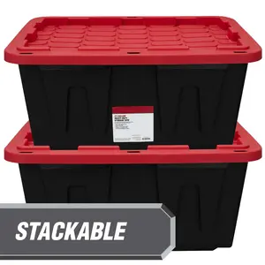 Large Storage Bin, 27 Gallon Plastic Storage Container with Snap-On Lid, Black and Red 4Pack