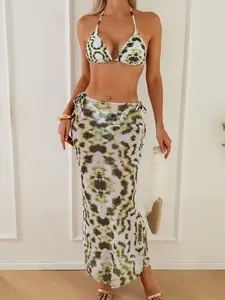 2026 Summer Tie-Dye Leopard Print 3 Piece Triangle Halter Bikini Set for Women Tie Side Bottom with Sheer Mesh Maxi Cover Up Skirt Removable Padded Cups Tummy Control Flattering Bathing Suit Beach Vacation Pool Party Swimwear
