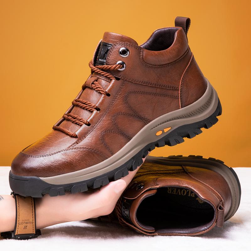 Men's New Fashion Mid-top Casual Shoes Lace-up Outdoor Hiking Leather Boots  Closed Boy Training Trainer Runner Athletic Running Footwear Rubber