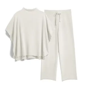 Women's Two Piece Outfits 3/4 Batwing Sleeve Capelet Crew Neck Pullover Top & Wide Leg Pants Lounge Set