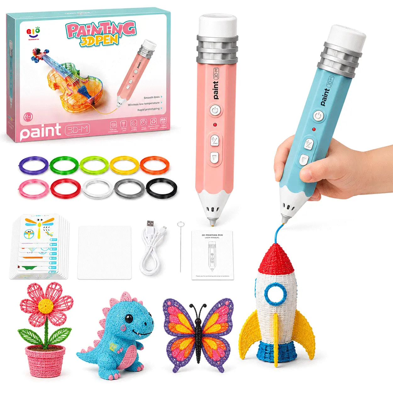 Bubbleverse 3D Pen Set for Kids, Low Heat Child-Safe 3D Pen with USB, 10 Rolls 50cm PCL Filament Refills, PLA Filament Bundle, Includes Stencil Book & Guide, STEM Arts Crafts Birthday Present for Ages 6+