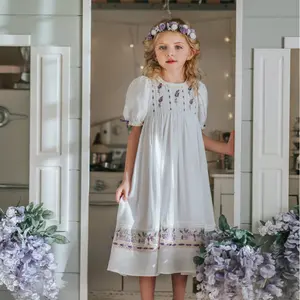 Girl Dress,Handmade Embroidered Floral Heirloom, Lace Crew Collar, Puff Sleeve, Cotton Kids Casual Clothing