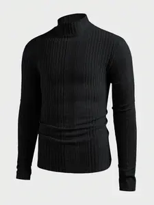 Men's High Neck Turtleneck Pullover Sweater, Solid Color Slim Fit Striped Long Sleeve T-Shirt, Casual & Formal Wear for Fall Winter Season, Knitwear