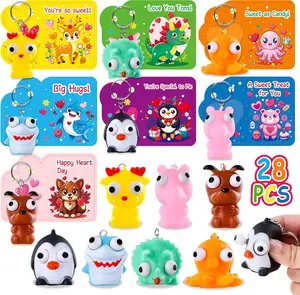 28 Pack Valentine’s Day Pop Eye Animal Fidget Toy Keychains with Cards – Bulk Classroom Valentines Exchange Gifts for Kids, Party Favors & School Rewards
