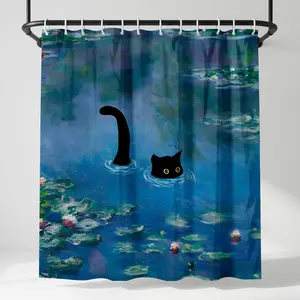 Monet Water Lilies Black Cat Shower Curtain, Impressionist Pond Art Parody, Cute Kitten Swimming Aesthetic Bathroom Decor