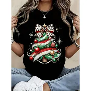 Christmas Tree Print Women's T-Shirt With Leopard Bow And Sparkle Design, Festive Holiday Top For Xmas Celebration, Black Casual Tee For Women