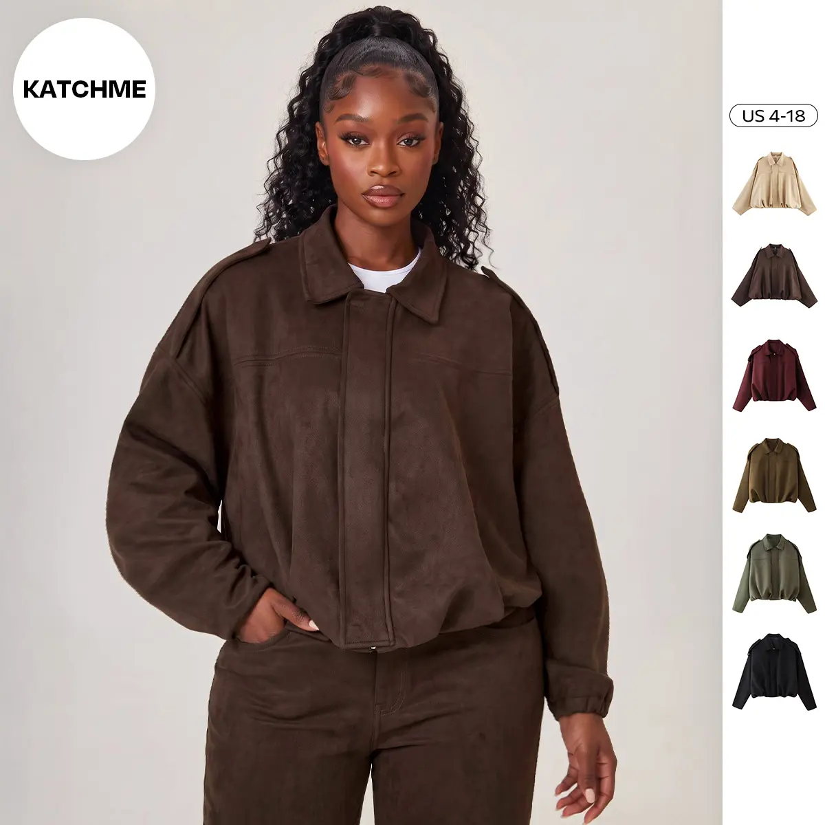 Katch Me Chic Women's Winter Vintage Solid Color Collared Zipper Long Sleeve Jacket, Cozy Oversized Outerwear for Lady, Cropped Casual Womenswear