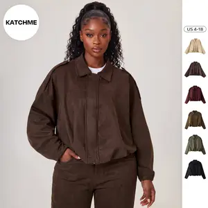 Katch Me Chic Women's Winter Vintage Solid Color Collared Zipper Long Sleeve Jacket, Cozy Oversized Outerwear for Lady, Cropped Casual Womenswear