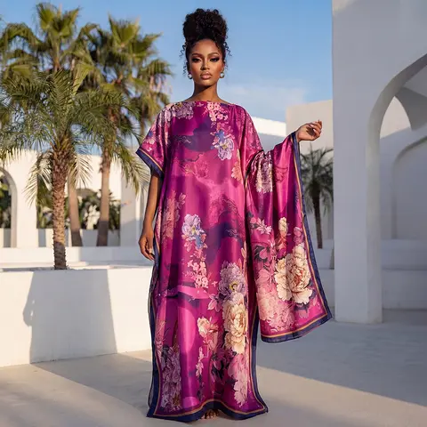 【Moo Moo】Boho Floral Print Maxi Dress with Matching Scarf - Flowy Cover-Up for Beach & Vacation sun protection satin scarf print robe set elegant