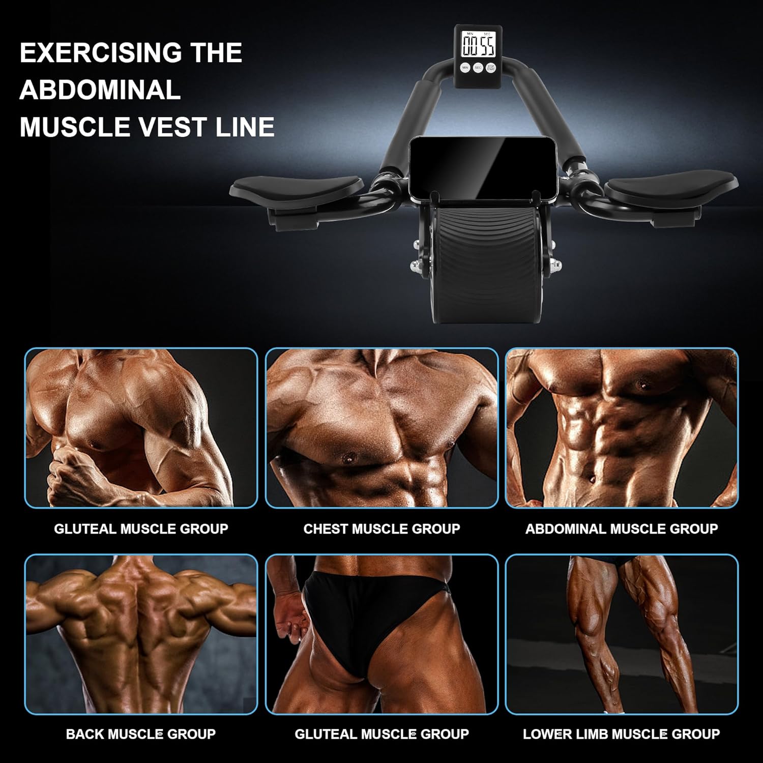YICF Ab Roller Exercise Device Ab Fitness Wheel for Core Muscle Training Equipped with Digital Timer and Phone Holder Intelligent Rebound Double-Wheel Design home gym kit Auto Abdominal Wheel