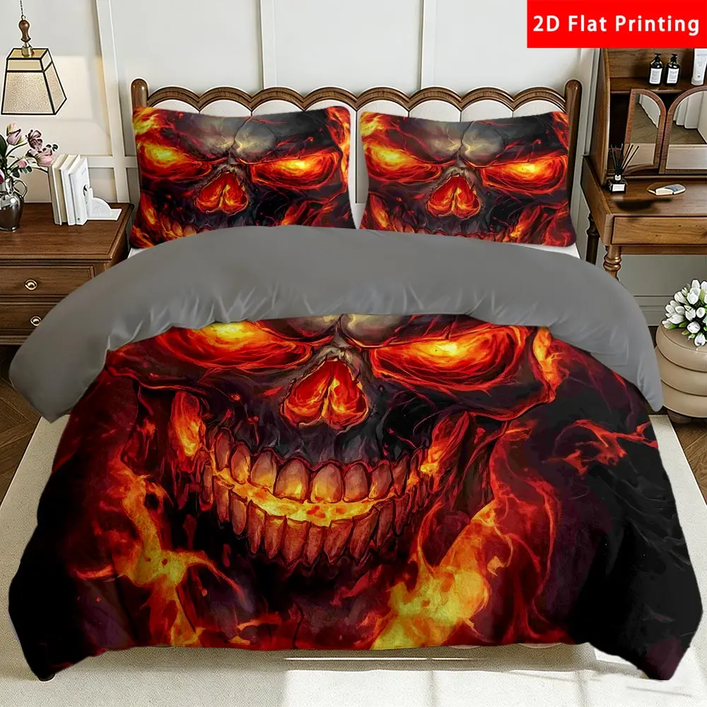 2/3 Pcs 2D Flat Skull with Flames Milk Velvet Duvet Cover Set Skull Flames Bedding Set Quilt Cover 1 Duvet Cover + 1/2 Pillowcases Skull Flames Top Sheet Decorative Bedding Bedroom Decor The Preferred Pick for Bedding