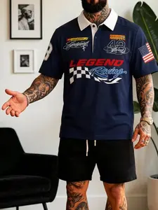 Men's Retro 80s-90s Nascar Style Polo Shirt, Vintage Racing Sports Graphic T-Shirt, Usa Flag Motorcycle Streetwear, Y2K Hip Hop Polo, Summer Top