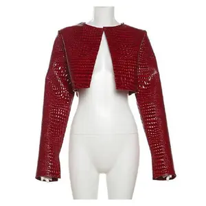 Faux Leather Snake Skin Design Cropped Long Sleeve Structured Jacket Top