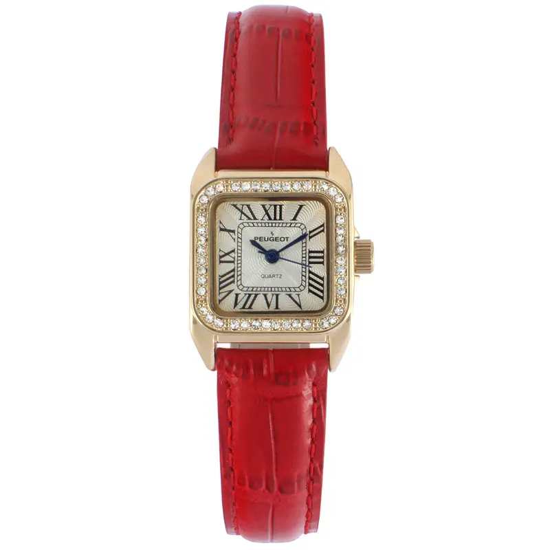 Peugeot Women's 34x24mm Tank Watch with Crystal Bezel Red Leather Strap