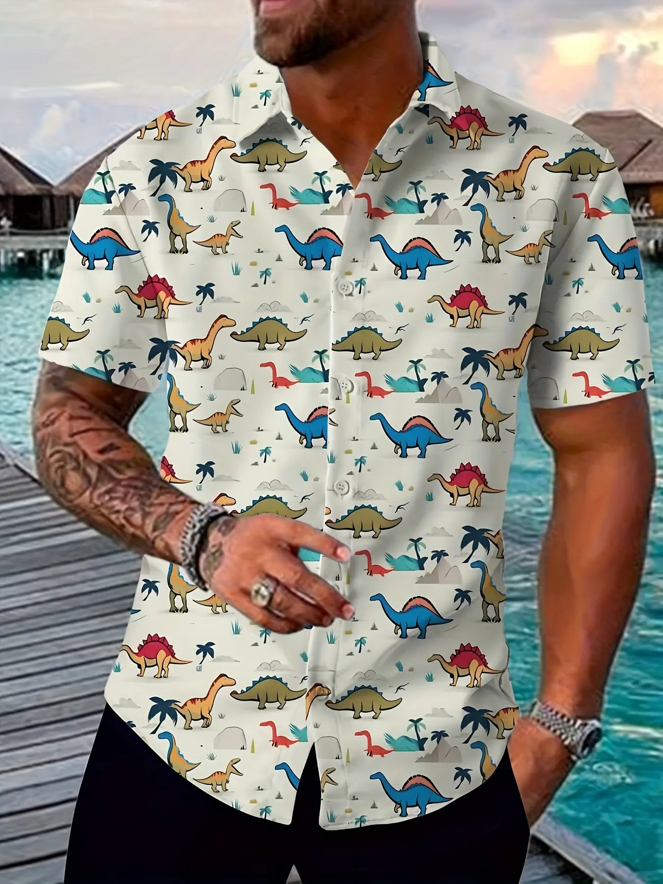 Men's Tropical Festive Dinosaur Print Button Down Shirt, Button Down Front, Sharp Collar Collared Shirts Fitted Formal Casual Button-Up Top, Button Up Design, Fabric for Daily & Theme Events, Casual Summer Shirt