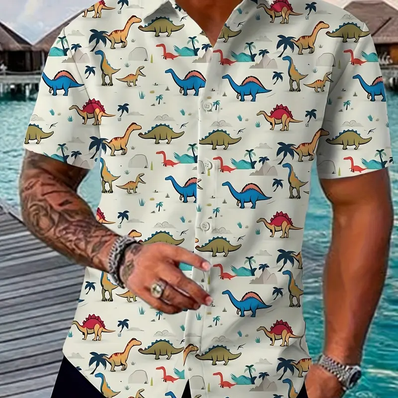 Men's Tropical Festive Dinosaur Print Button Down Shirt, Button Down Front, Sharp Collar Collared Shirts Fitted Formal Casual Button-Up Top, Button Up Design, Fabric for Daily & Theme Events, Casual Summer Shirt