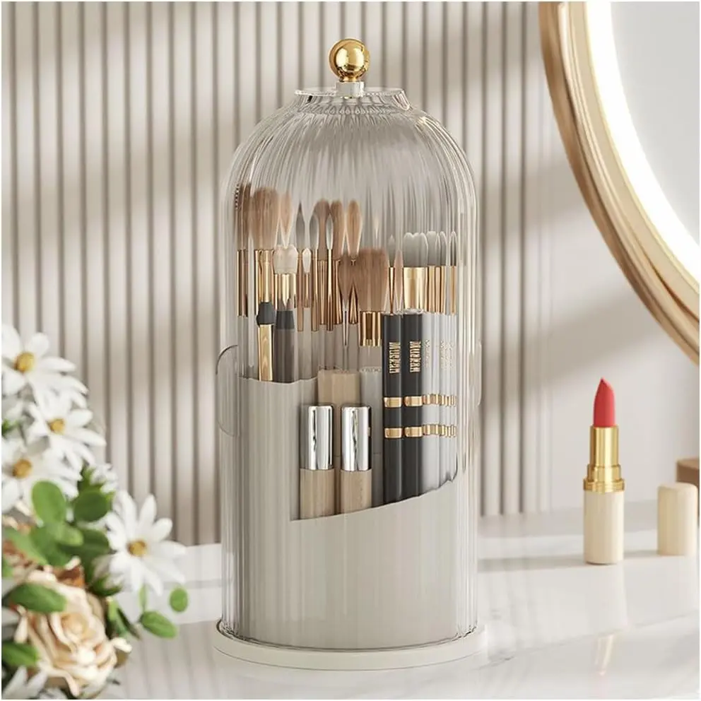 Makeup Brush Holder Organizer (Clear White Cap) | With Lid, 360° Rotating, Dustproof, For Vanity Desktop Bathroom Countertop