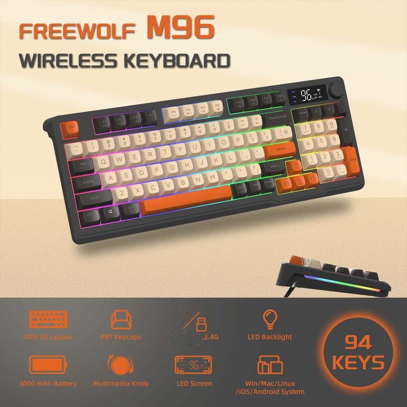 M96 Wireless Gaming Keyboard, 2.4G Dual Mode Wireless Mechanical Keyboard with Smart Display & Knob, Rechargeable Keyboard for Gaming, Boyfriend Gift