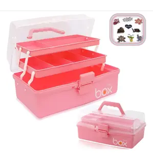 12'' Three-Layer Folding Storage Box, Art Crafts Case,Organization Portable Handled Tool Box for Sewing,Makeup,Tackle,Medical Supply Organizer (Pink) Bin Buckle Container Decor