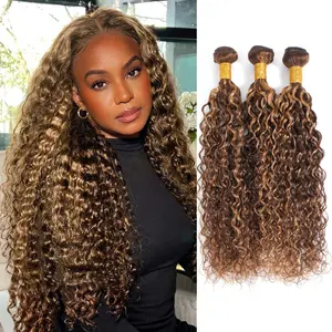 ANMETAN Honey Blonde Curly Human Hair Bundles With Closure, P4/27 Blonde And Brown Ombre Water Wave Bundles HD Lace Closure, Soft & Shed-free Wet And Wavy 12A 100% Virgin Human Hair