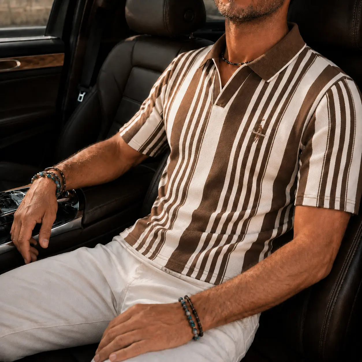 Men’s Retro Striped Soft Breathable Linen Fabric Short-Sleeve Open Placket Knit Polo Shirt, Classic Casual Summer Menswear Fashion Top