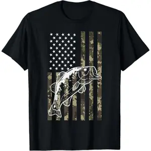 100% Cotton Fishing Camo American Flag Bass Patriotic Women Men  T-Shirt
