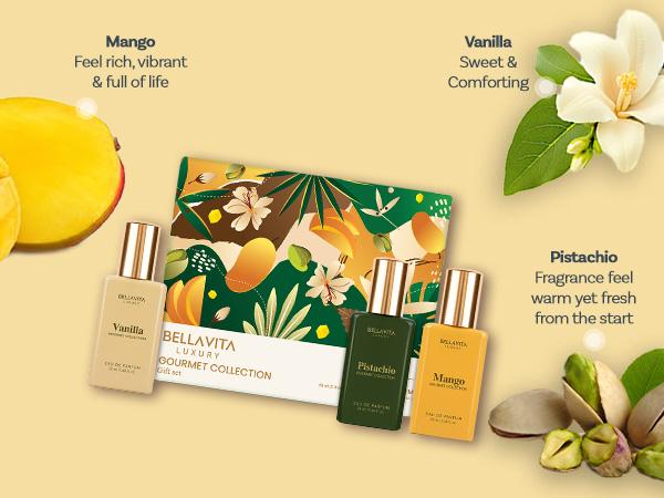 Sweet & Skin Splash by BellaVita Luxury | Perfume Combo Gift Set | Gourmand 3×20 ml + Unisex Gift Set 4×20 ml | Vanilla, Mango, Pistachio, Skai, Fresh, White Oud & Honey Oud | Long Lasting Eau De Parfum | Vegan & Cruelty Free