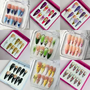 DiDazzle 10 PCS Stiletto Handmade 2025 Press - on Nails | PlumBlossom with Acrylic Flower & Gold Bead Accents