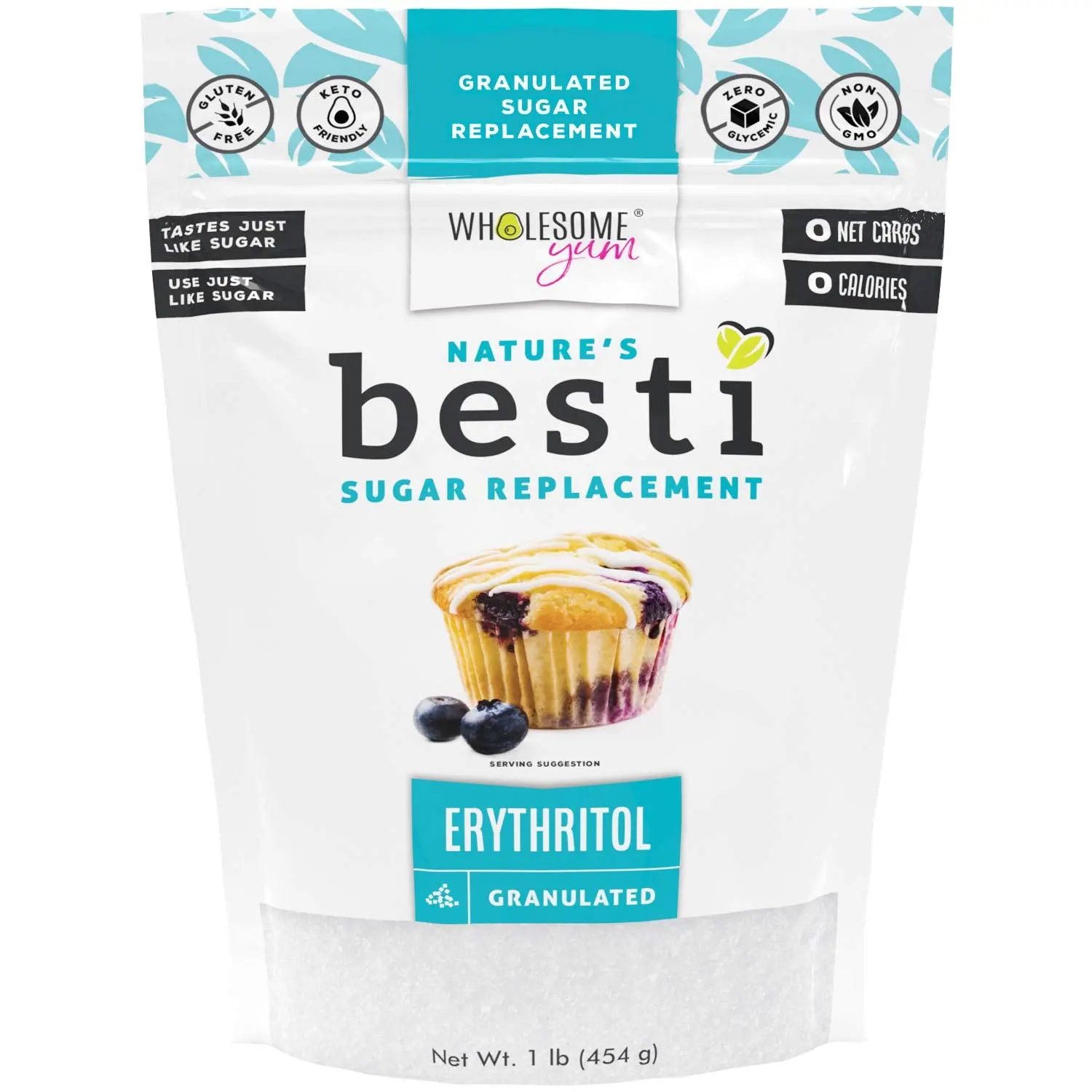 Wholesome Yum Besti Granulated Erythritol Sweetener - Natural Sugar Substitute - Keto, Non GMO, Zero Carb, Zero Calorie - Granular Sugar Replacement (16 oz / 1 lb)