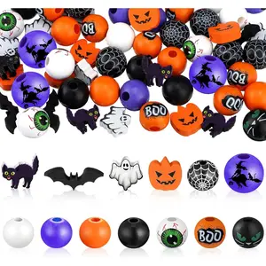 200 Pcs Halloween Wooden Beads Bat Cat Ghost Pumpkin 16 mm Crafts Beads for Crafts Jewelry Making Garland Necklace Earring Bracelet Tree Home Decor based pendant Script Name Pendant Necklace