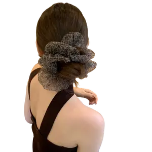 Oversized Leopard Print Mesh Scrunchies for Women(1 Pack), Aesthetic Chiffon Large Hair Ties for Thick Hair, Soft Sheer Ponytail Holder, Trendy Animal Print Hair Accessories, Versatile Mesh Edge Scrunchy