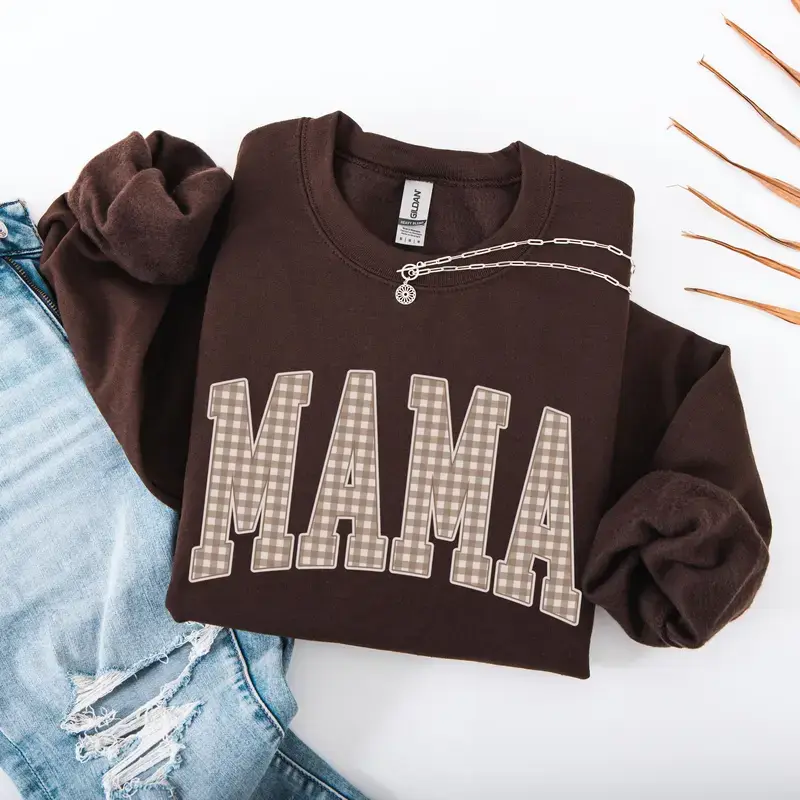 Mama Gingham Plaid Sweatshirt Preppy Style Oversized Fit Cozy Family Vibe