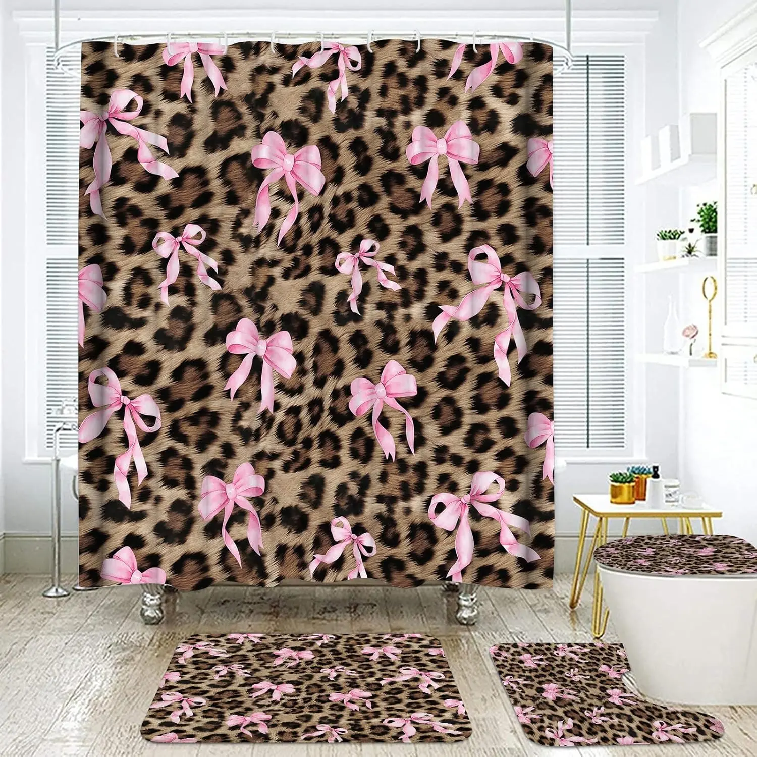 4 Pcs Leopard Shower Curtain, Cheetah Bow Print Bathroom Set Shower Curtain Sets with Rugs, Waterproof Brown Pink Bow Animal Print Bathroom Curtains Shower Set,12/24 Pcs Hook