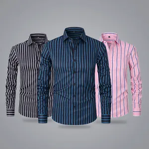 Men’s Slim Fit Long Sleeve Shirt for Spring/Autumn, Solid Color with Stripes, Premium Feel, Business Casual, Wrinkle-Resistant
