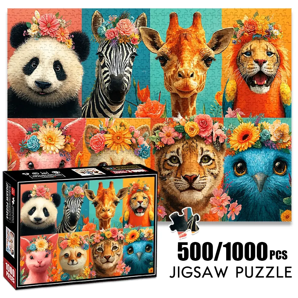 1pc 1000 piece adult puzzle 70x50cm Floral - Crowned Animals: Panda, Zebra, Giraffe & More 500 pieces of paper jigsaw puzzle, suitable for adults and families, large-scale DIY puzzle interactiv